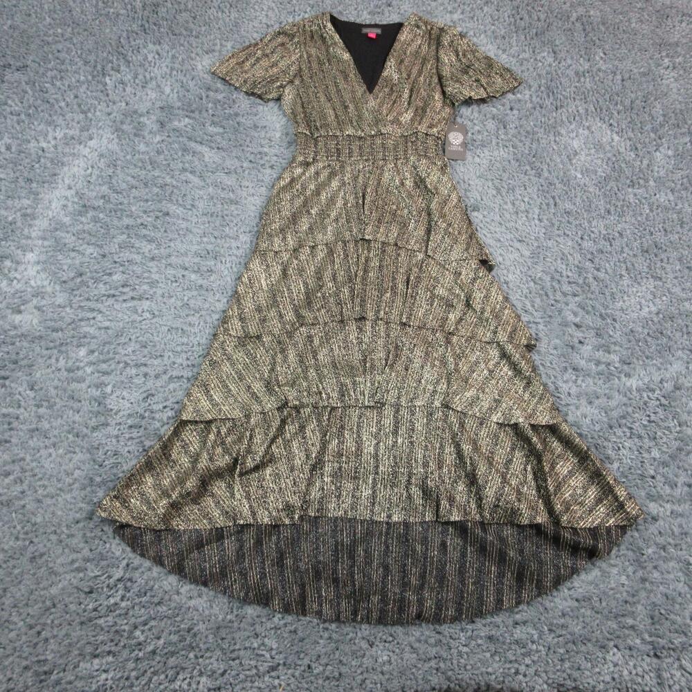 Vince Camuto Dress Womens S Black Metallic Striped Wrap Hi-Low Ruffle Lined NWT